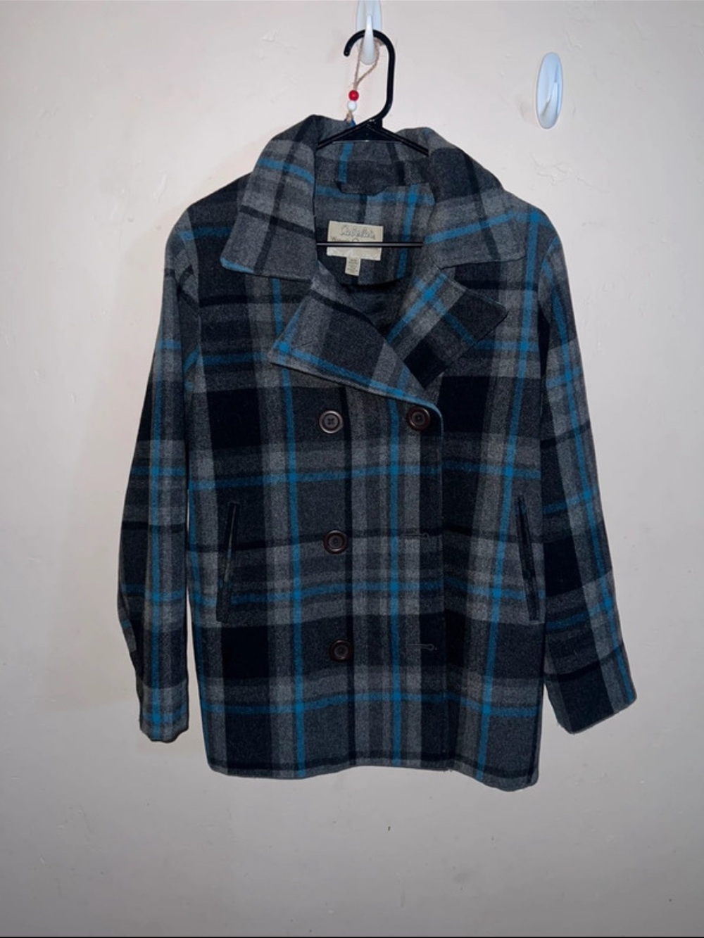 Cabela's Plaid Wool-Blend Double Breasted Peacoat in Gray and Blue
